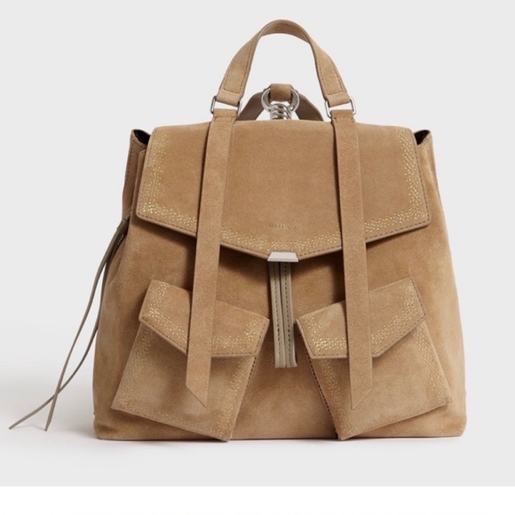 All Saints Ziggy Tan Suede Backpack Bag Purse Cappuccino - Picture 4 of 11